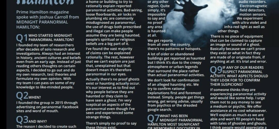 Ghosts in Hamilton – Midnight Paranormal article in Prime Hamilton Magazine.